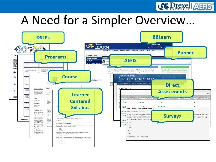 A Need for a Simpler Overview… BBLearn DSLPs Banner Programs AEFIS Course Learner Centered