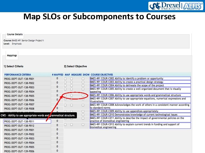 Map SLOs or Subcomponents to Courses 