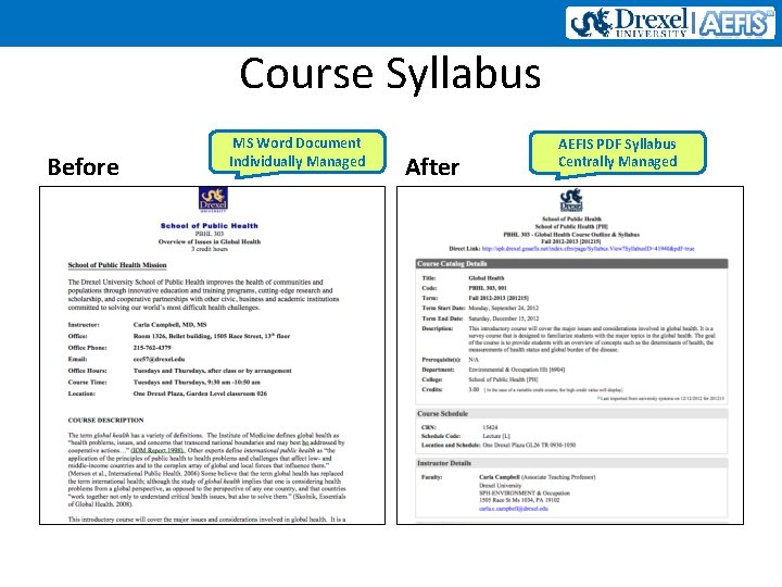 Course Syllabus Before MS Word Document Individually Managed After AEFIS PDF Syllabus Centrally Managed