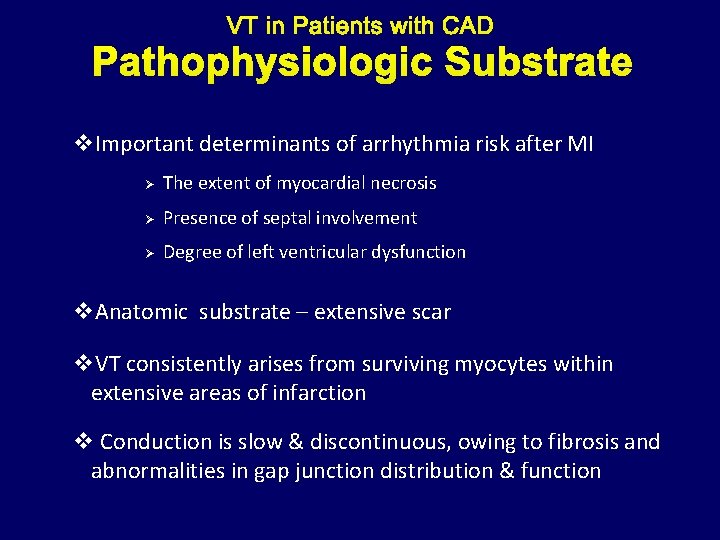 Pathophysiologic Substrate v. Important determinants of arrhythmia risk after MI Ø The extent of