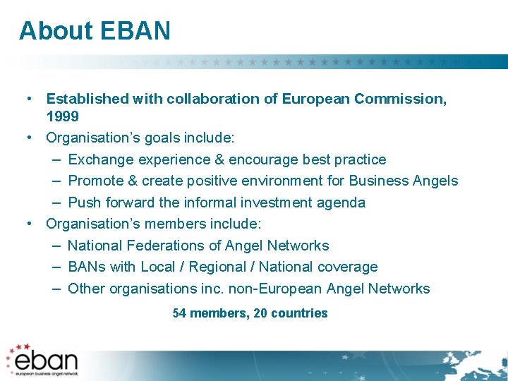 About EBAN • Established with collaboration of European Commission, 1999 • Organisation’s goals include: