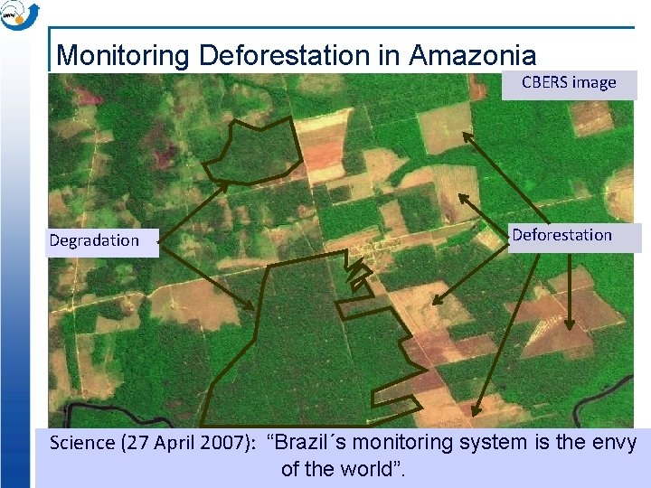 Monitoring Deforestation in Amazonia CBERS image Degradation Deforestation Science (27 April 2007): “Brazil´s monitoring