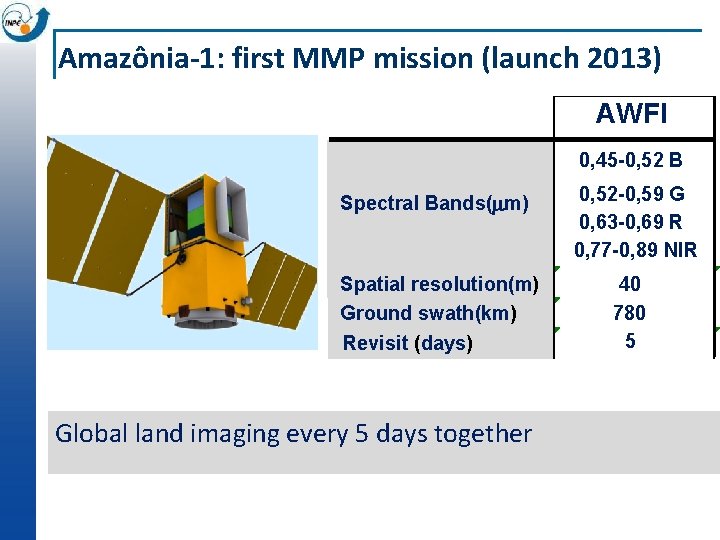 Amazônia-1: first MMP mission (launch 2013) AWFI 0, 45 -0, 52 B Spectral Bands(