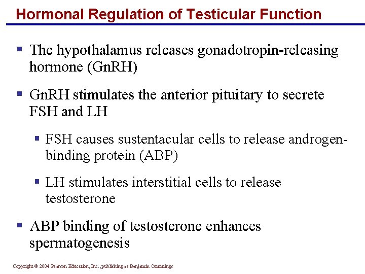 Hormonal Regulation of Testicular Function § The hypothalamus releases gonadotropin-releasing hormone (Gn. RH) §