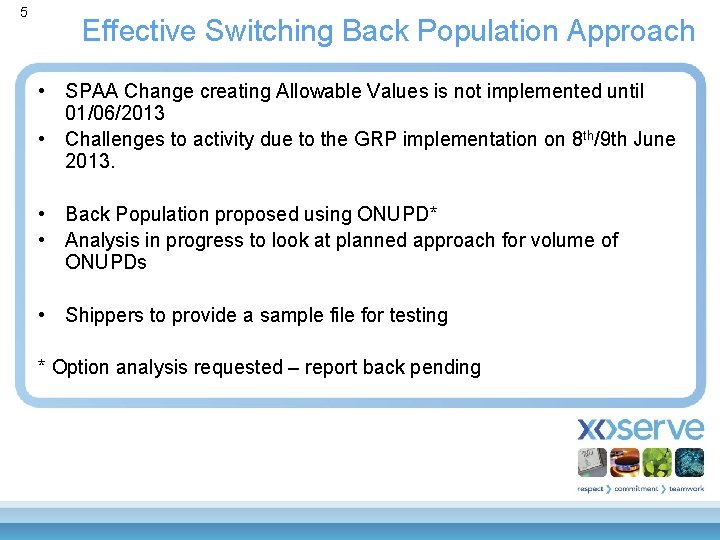 5 Effective Switching Back Population Approach • SPAA Change creating Allowable Values is not