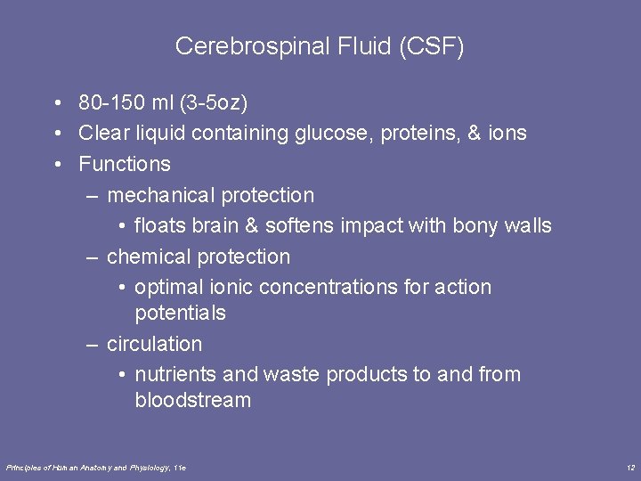 Cerebrospinal Fluid (CSF) • 80 -150 ml (3 -5 oz) • Clear liquid containing