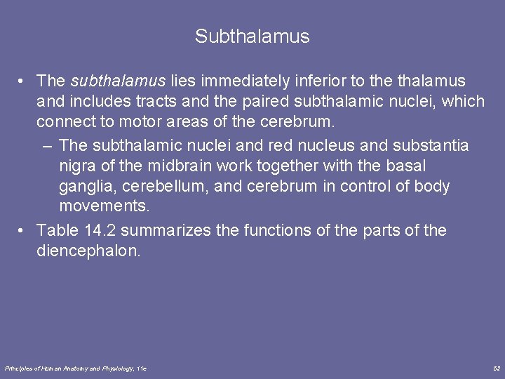 Subthalamus • The subthalamus lies immediately inferior to the thalamus and includes tracts and