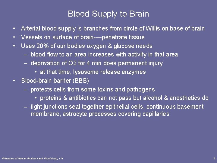 Blood Supply to Brain • Arterial blood supply is branches from circle of Willis