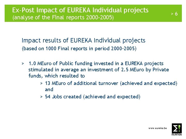 Ex-Post Impact of EUREKA Individual projects >6 (analyse of the Final reports 2000 -2005)