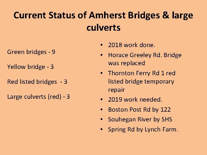 Current Status of Amherst Bridges & large culverts Green bridges - 9 Yellow bridge
