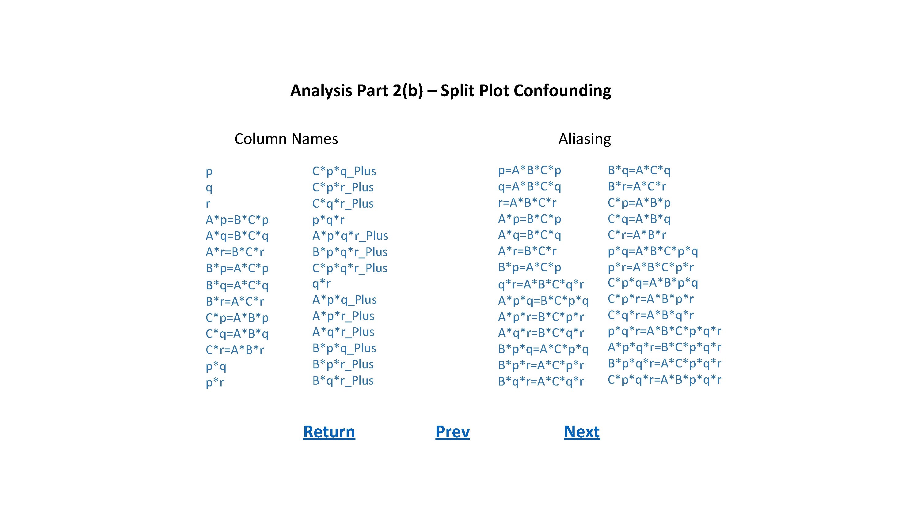 Analysis Part 2(b) – Split Plot Confounding Column Names p q r A*p=B*C*p A*q=B*C*q