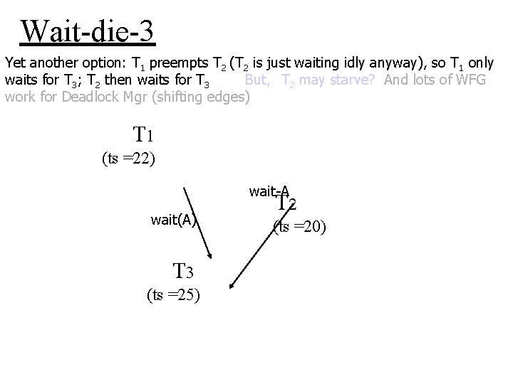 Wait-die-3 Yet another option: T 1 preempts T 2 (T 2 is just waiting