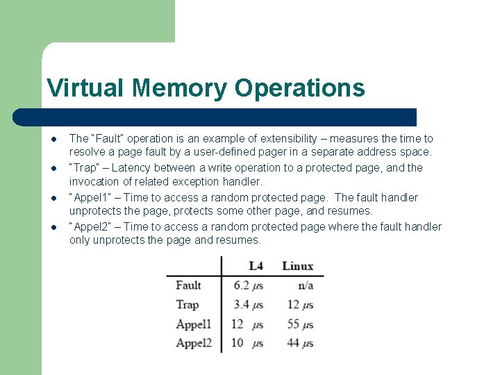 Virtual Memory Operations l l The “Fault” operation is an example of extensibility –