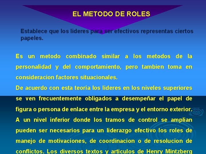 EL METODO DE ROLES Establece que los lideres para ser efectivos representas ciertos papeles.