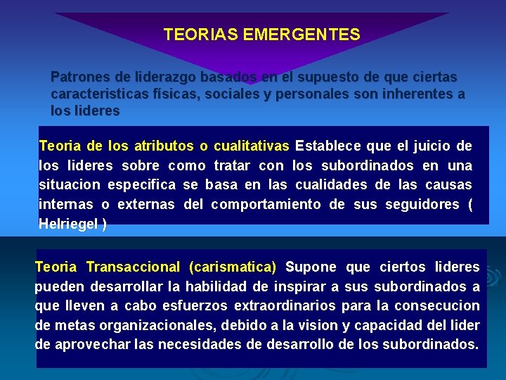 TEORIAS EMERGENTES Patrones de liderazgo basados en el supuesto de que ciertas caracteristicas físicas,