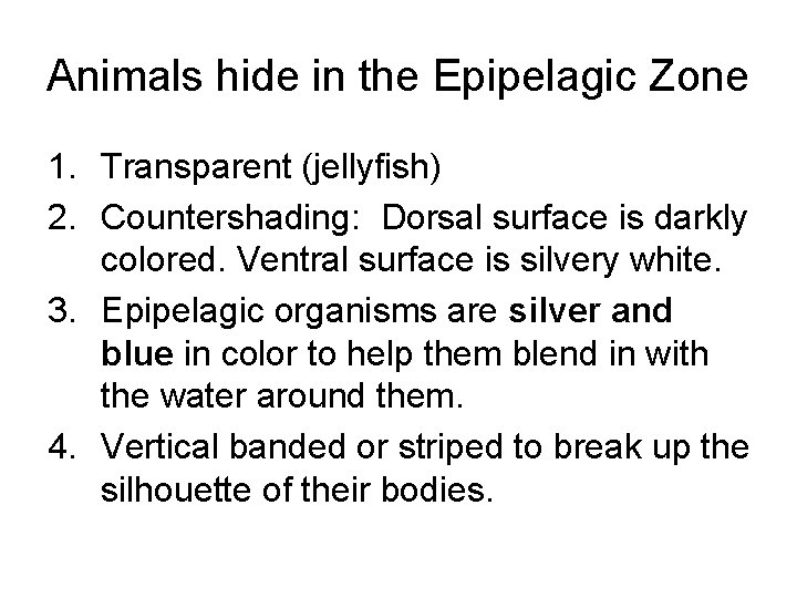 Animals hide in the Epipelagic Zone 1. Transparent (jellyfish) 2. Countershading: Dorsal surface is