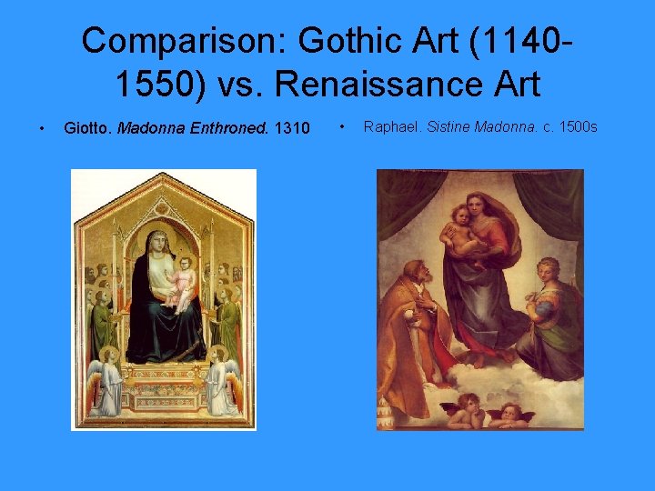 Comparison: Gothic Art (11401550) vs. Renaissance Art • Giotto. Madonna Enthroned. 1310 • Raphael.