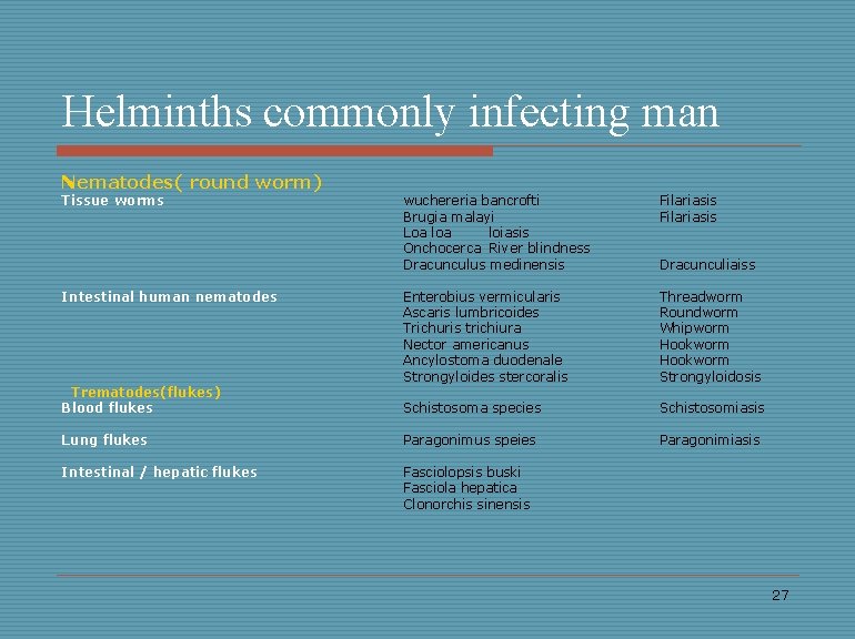 Helminths commonly infecting man Nematodes( round worm) Tissue worms wuchereria bancrofti Brugia malayi Loa