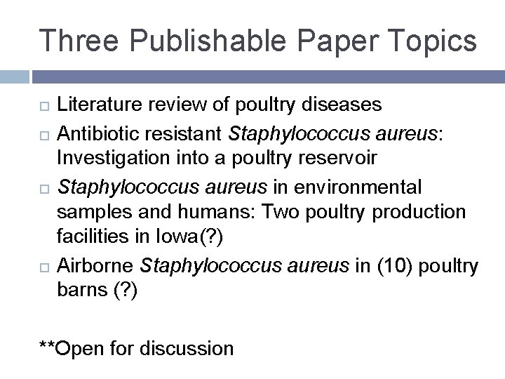 Three Publishable Paper Topics Literature review of poultry diseases Antibiotic resistant Staphylococcus aureus: Investigation