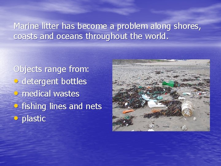 Marine litter has become a problem along shores, coasts and oceans throughout the world.