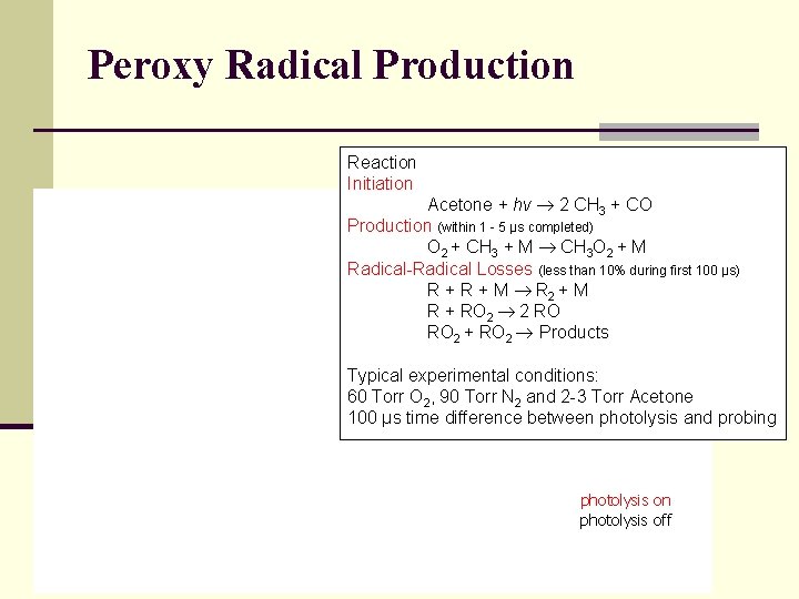 Peroxy Radical Production Reaction Initiation Acetone + hν 2 CH 3 + CO Production