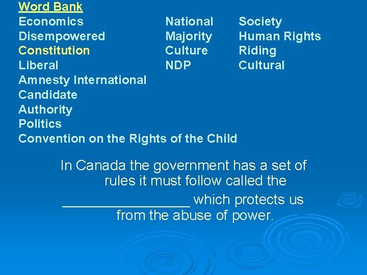 Word Bank Economics National Society Disempowered Majority Human Rights Constitution Culture Riding Liberal NDP