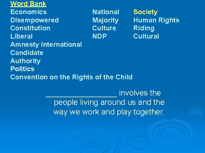 Word Bank Economics National Society Disempowered Majority Human Rights Constitution Culture Riding Liberal NDP