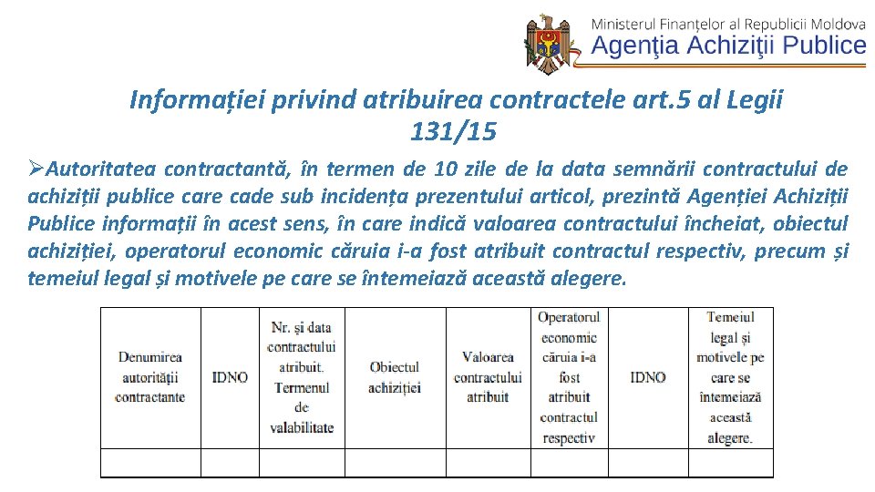  Informației privind atribuirea contractele art. 5 al Legii 131/15 ØAutoritatea contractantă, în termen