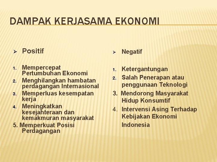 DAMPAK KERJASAMA EKONOMI Ø Positif Mempercepat Pertumbuhan Ekonomi 2. Menghilangkan hambatan perdagangan Internasional 3.