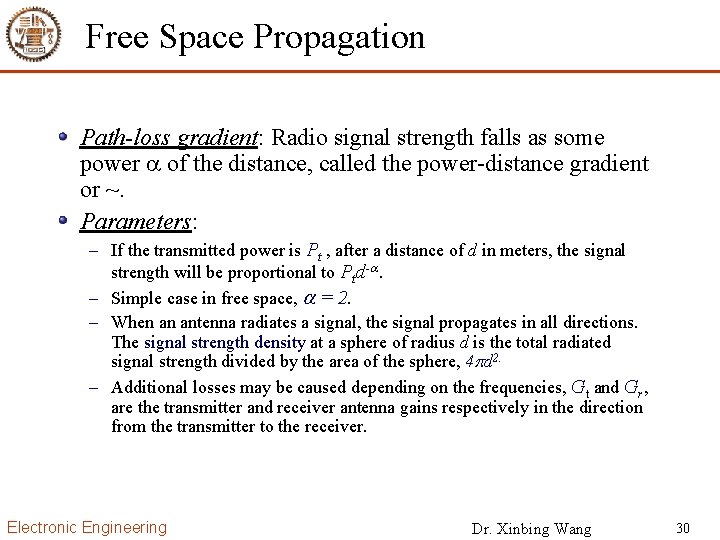 Free Space Propagation Path-loss gradient: Radio signal strength falls as some power of the