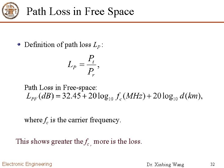 Path Loss in Free Space Definition of path loss LP : Path Loss in
