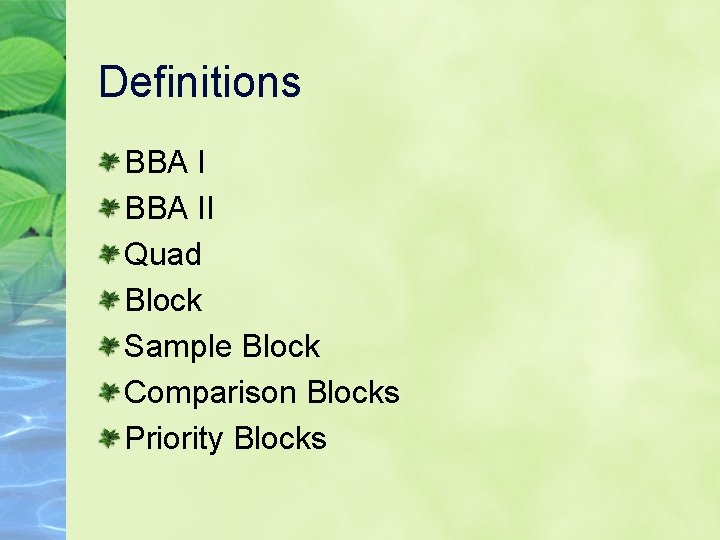 Definitions BBA II Quad Block Sample Block Comparison Blocks Priority Blocks 