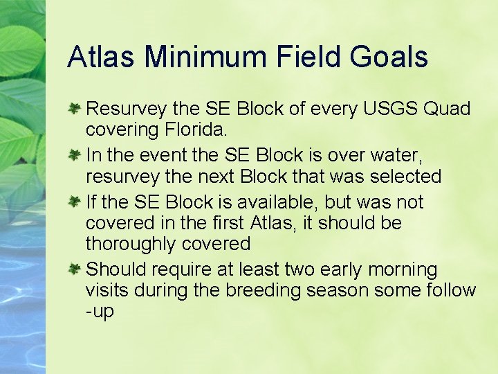 Atlas Minimum Field Goals Resurvey the SE Block of every USGS Quad covering Florida.