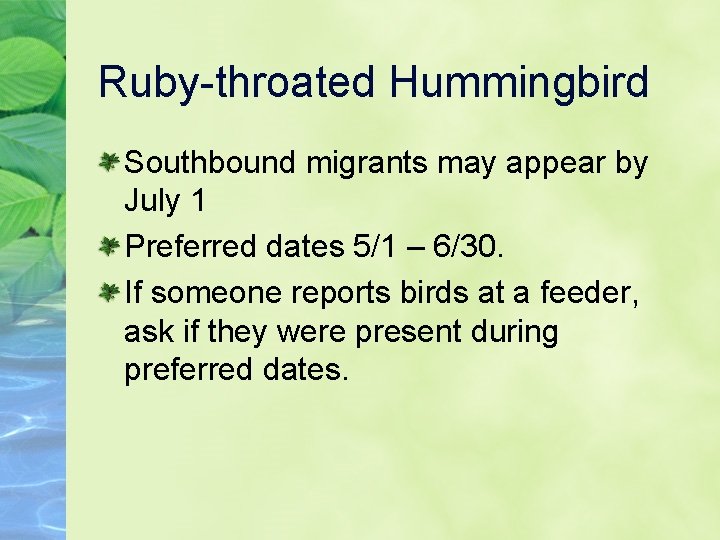 Ruby-throated Hummingbird Southbound migrants may appear by July 1 Preferred dates 5/1 – 6/30.