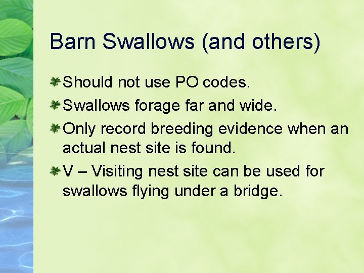 Barn Swallows (and others) Should not use PO codes. Swallows forage far and wide.