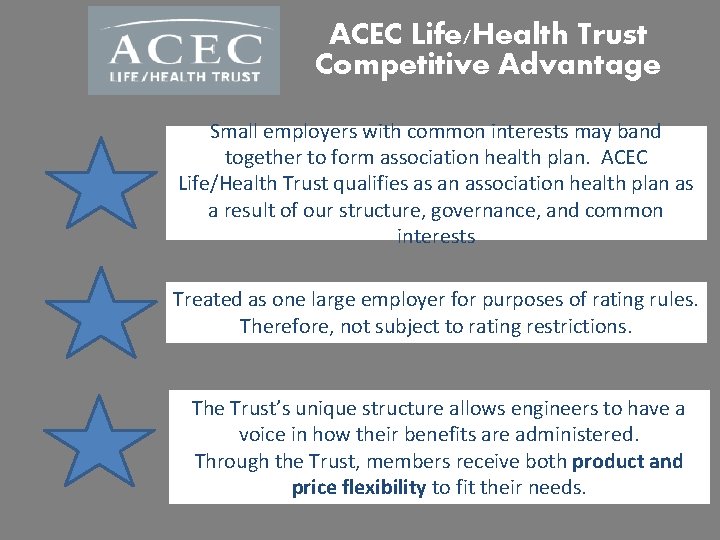 ACEC Life/Health Trust Competitive Advantage Small employers with common interests may band together to