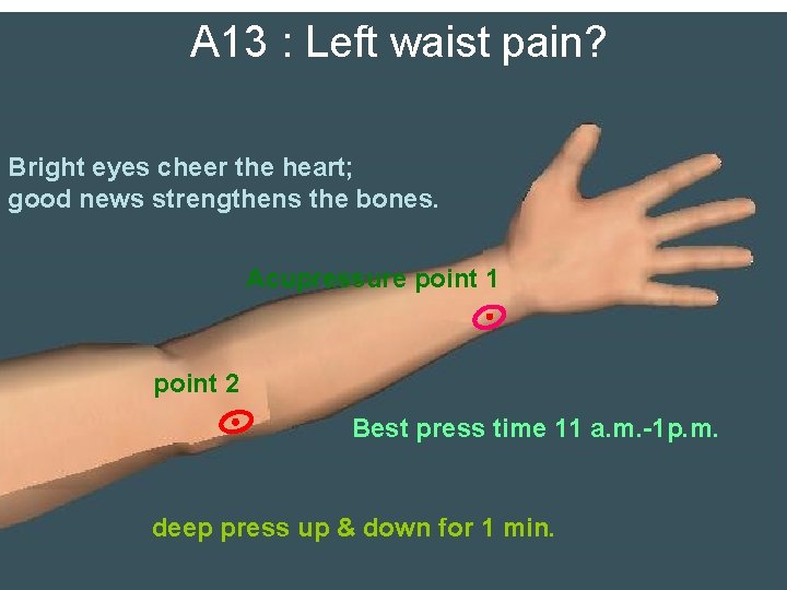 A 13 : Left waist pain? Bright eyes cheer the heart; good news strengthens