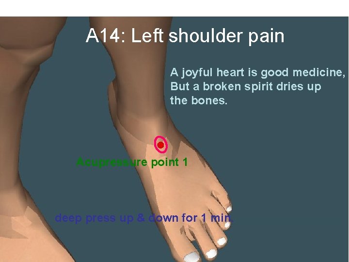 A 14: Left shoulder pain A joyful heart is good medicine, But a broken