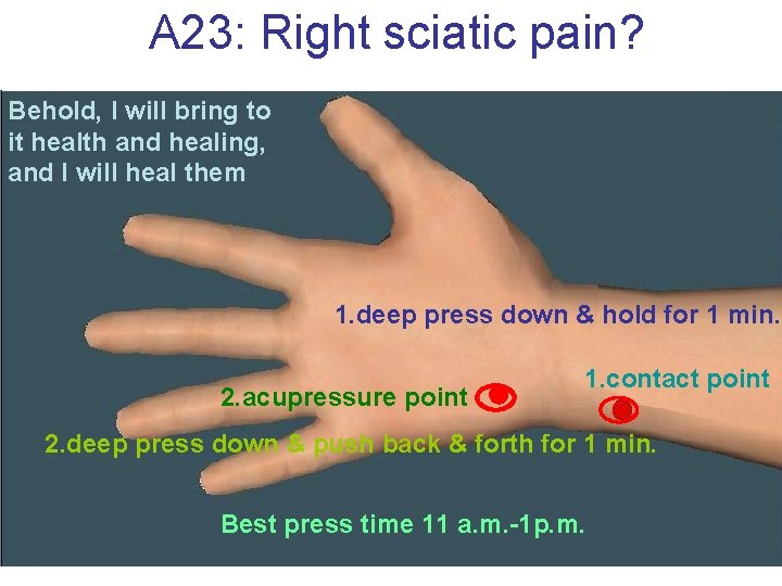 A 23: Right sciatic pain? Behold, I will bring to it health and healing,