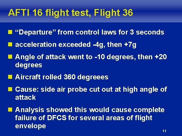 AFTI 16 flight test, Flight 36 n “Departure” from control laws for 3 seconds