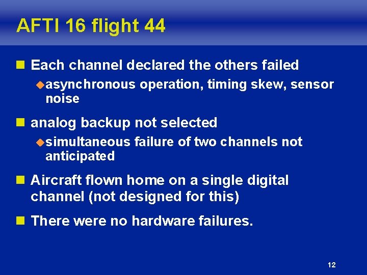 AFTI 16 flight 44 n Each channel declared the others failed uasynchronous noise operation,
