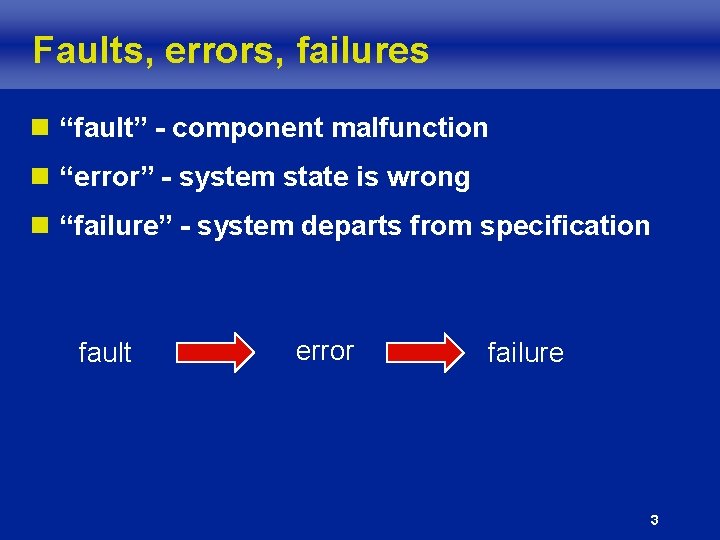 Faults, errors, failures n “fault” - component malfunction n “error” - system state is