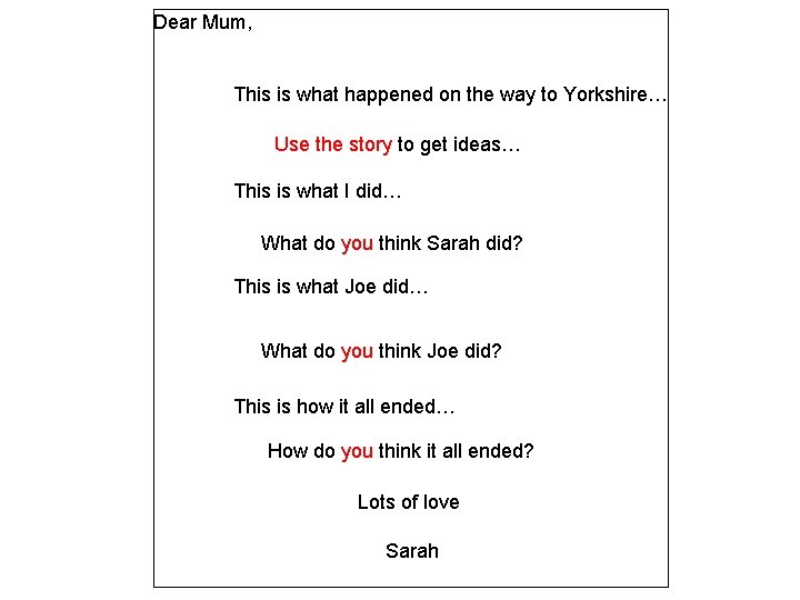 Dear Mum, This is what happened on the way to Yorkshire… Use the story