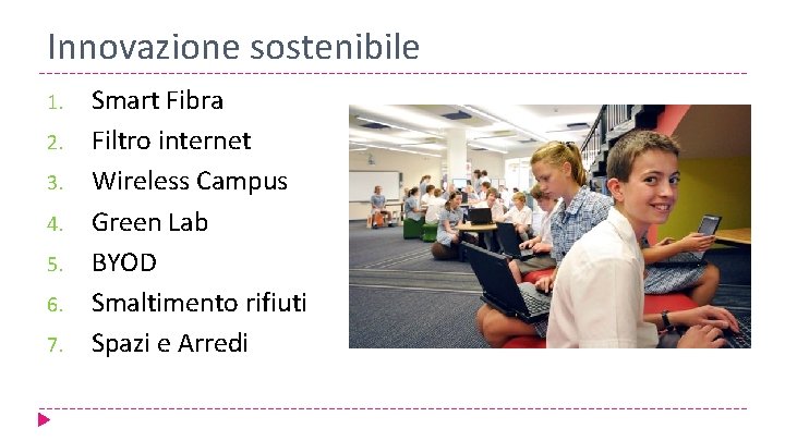 Innovazione sostenibile 1. 2. 3. 4. 5. 6. 7. Smart Fibra Filtro internet Wireless