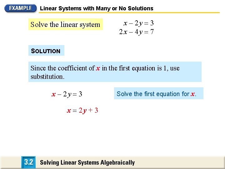 Linear Systems with Many or No Solutions Solve the linear system x – 2