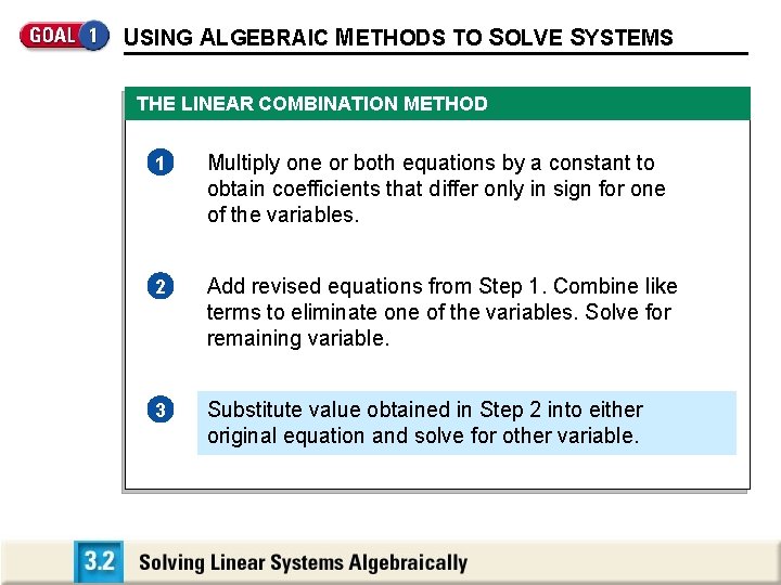 USING ALGEBRAIC METHODS TO SOLVE SYSTEMS THE LINEAR COMBINATION METHOD 1 Multiply one or