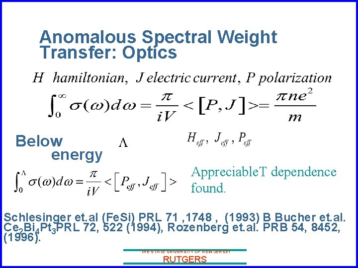 Anomalous Spectral Weight Transfer: Optics Below energy Appreciable. T dependence found. Schlesinger et. al