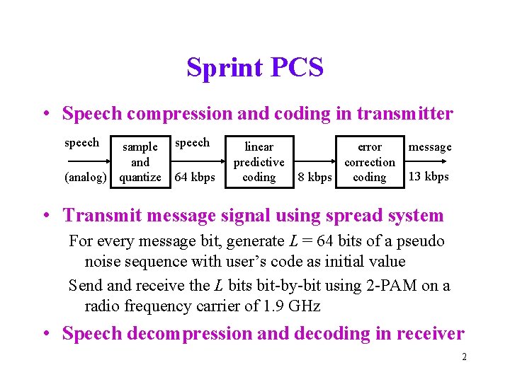 Sprint PCS • Speech compression and coding in transmitter speech sample and (analog) quantize