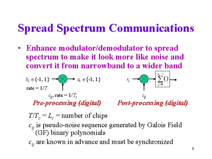 Spread Spectrum Communications • Enhance modulator/demodulator to spread spectrum to make it look more