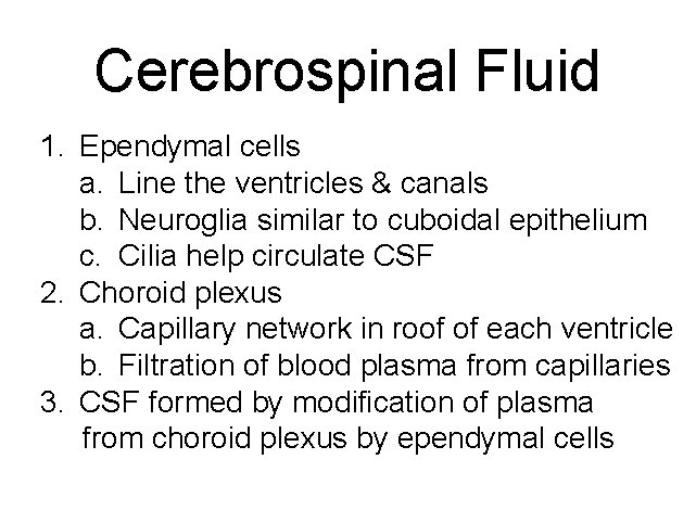 Cerebrospinal Fluid 1. Ependymal cells a. Line the ventricles & canals b. Neuroglia similar